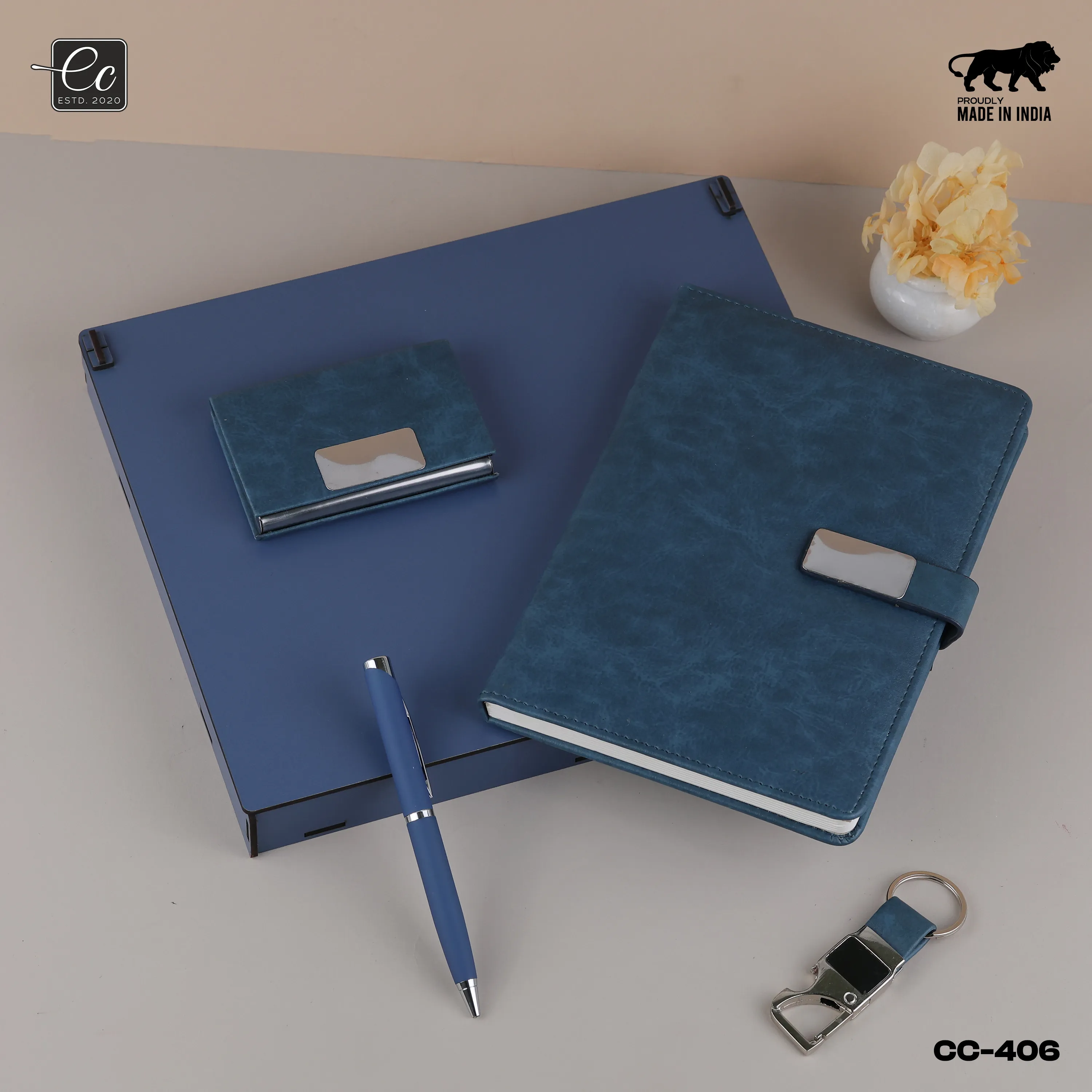 4 in 1 Corporate Gift Set includes Personalized Diary, Pen, Card Holder & Keychain